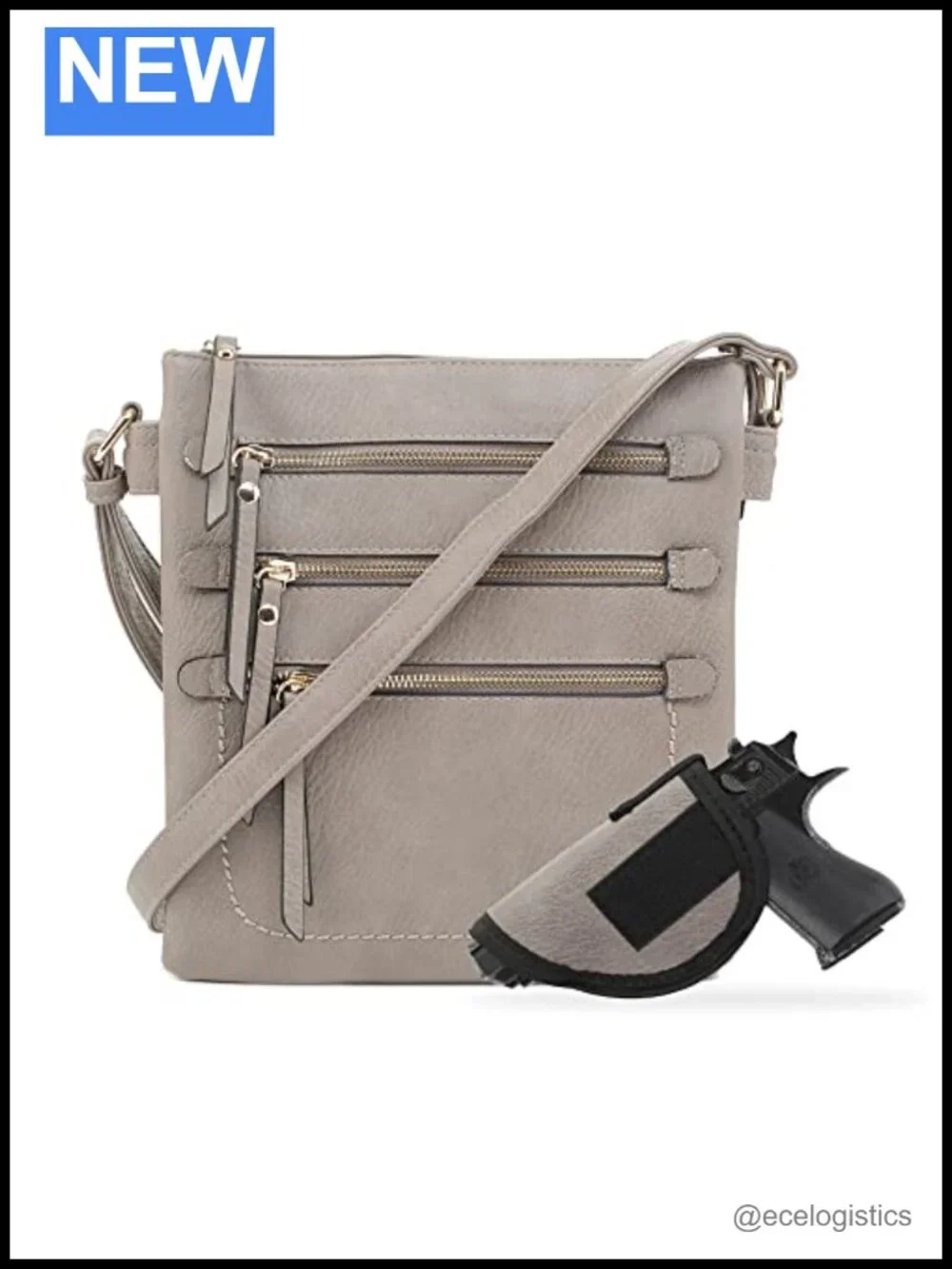 Faux Leather Triple Zip Crossbody Bag with Removable Holster